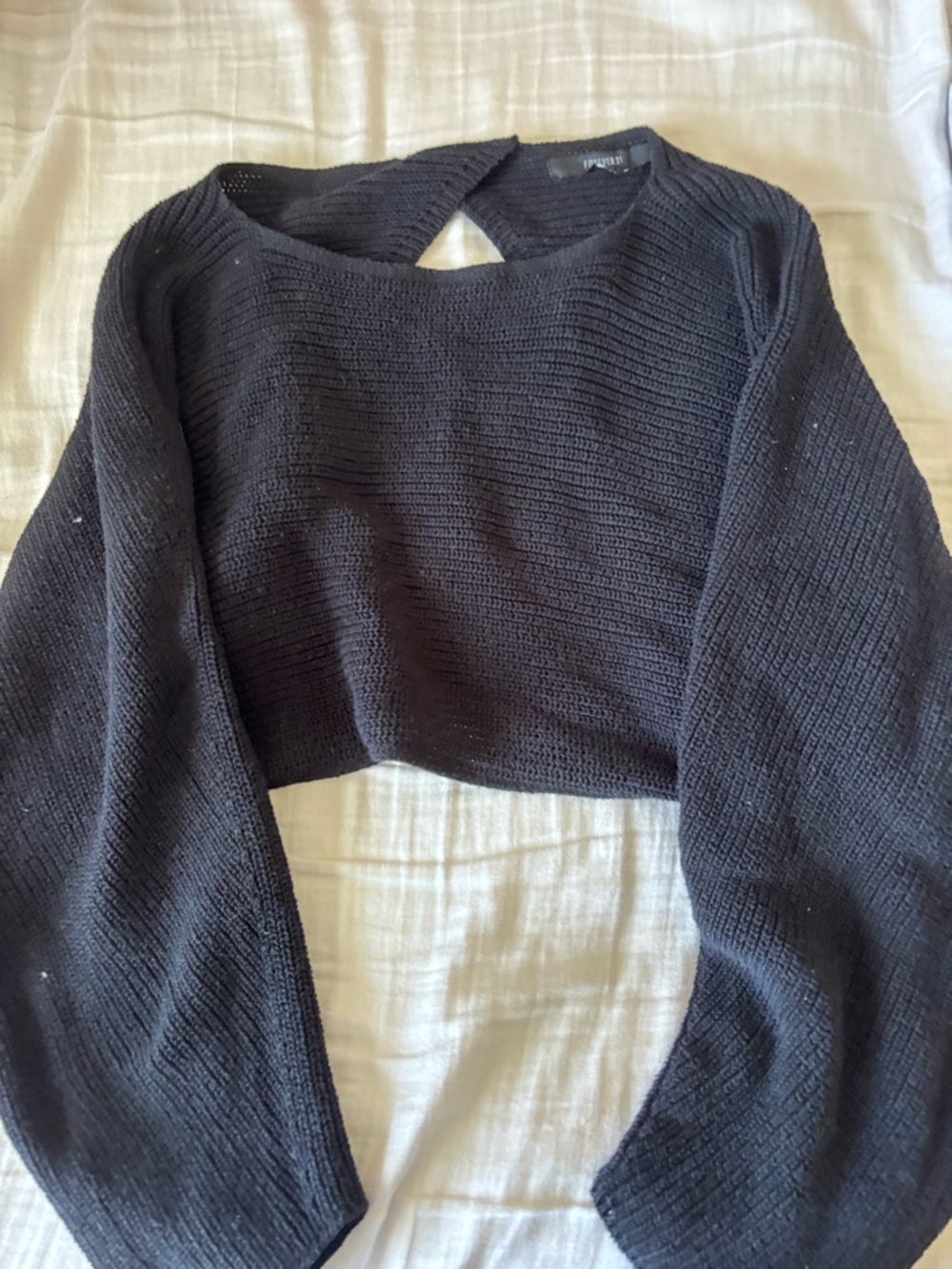 Black Cropped Knit Sweater with Keyhole Back